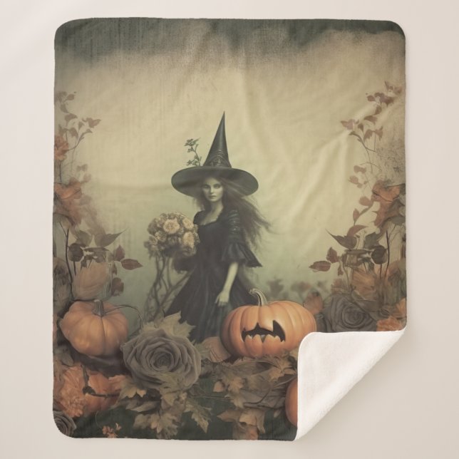 Manta Sherpa Brujería de Halloween vintage (3) (Anverso)