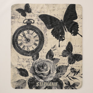 Manta Sherpa Brújula Mariposa Floral Sepia Vagabundeo