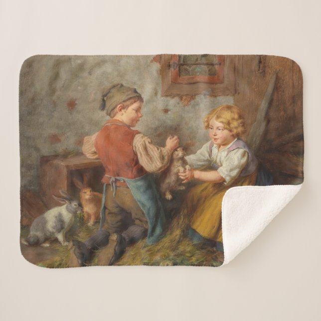 Manta Sherpa Buenos Amigos (Jóvenes Jugando Con Conejo Mascota) (Anverso (horizontal))