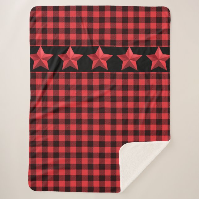 Manta Sherpa Búfalo rojo y negro con estrellas rojas (Anverso)