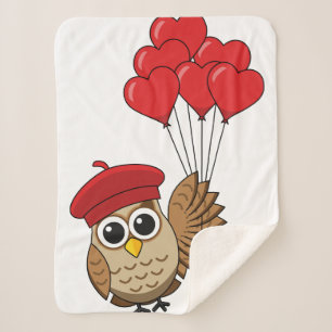 Manta Sherpa Búho lindo volando con globos cardíacos
