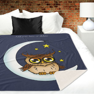 Manta Sherpa Búho Marrón Adorable Creciente Luna Estrellas Azul