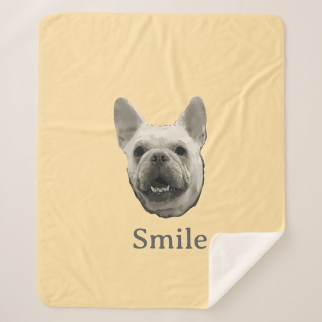 Manta Sherpa Bulldog Francés Beige Sonriente (Anverso)