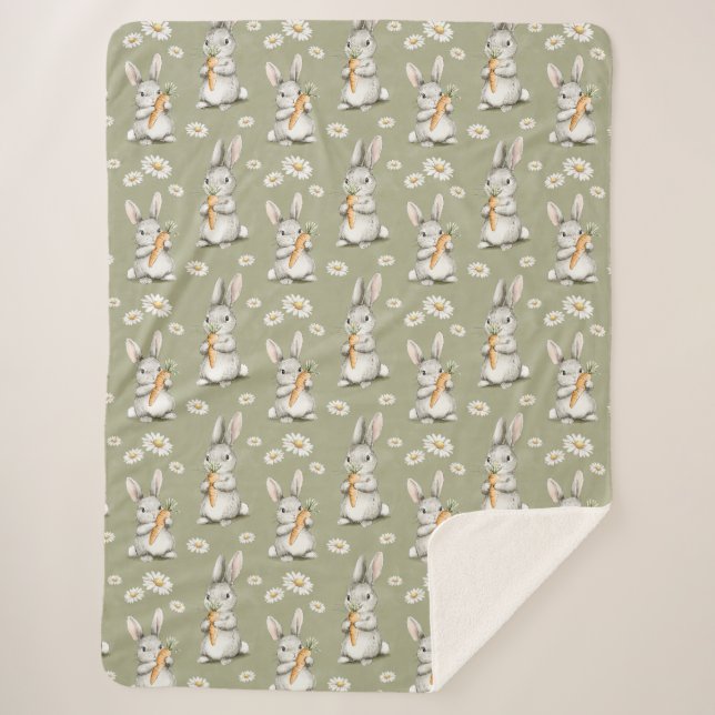 Manta Sherpa Bunnies with Carrots Green Daisy Flowers Birthday (Anverso)