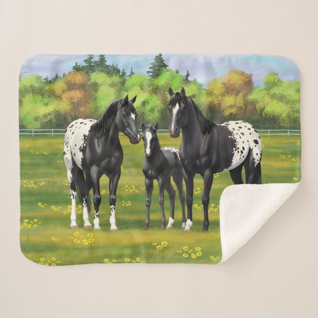 Manta Sherpa Caballos Appaloosa Negros En Pastel De Verano (Anverso (horizontal))