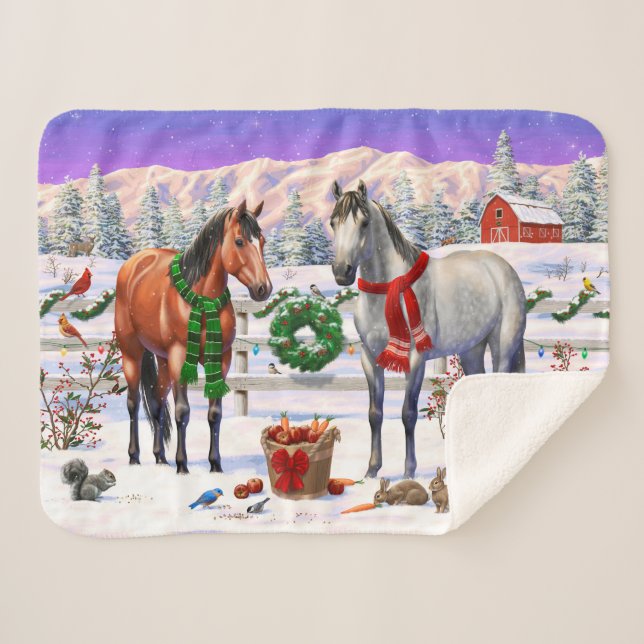 Manta Sherpa Caballos navidades en nieve (Anverso (horizontal))