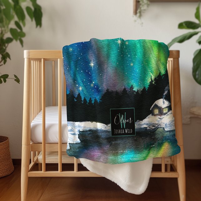 Manta Sherpa Cabina de invierno Aurora Northern Lights | Monogr (Subido por el creador)