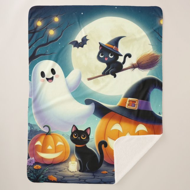 Manta Sherpa Calabaza, gato y fantasma de Halloween. (Anverso)