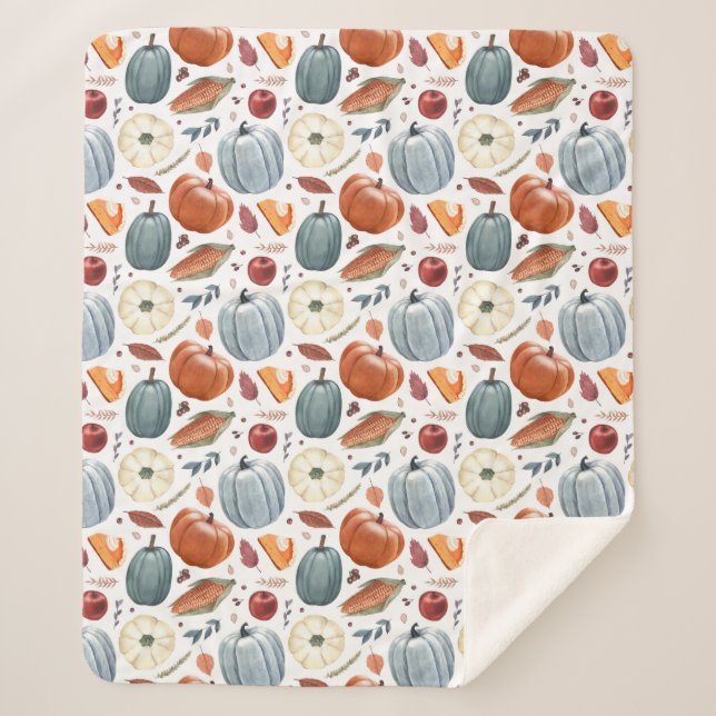 Manta Sherpa Calabazas de otoño y patrón de hojas de otoño (Anverso)