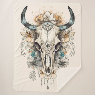 Manta Sherpa Calavera de vaca Boho con flores y cráneo de vaca 