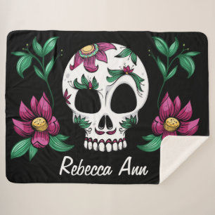 Manta Sherpa Calavera decorativa con flores