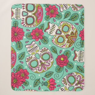 Manta Sherpa Calavera y flores mexicanas, sin costura.