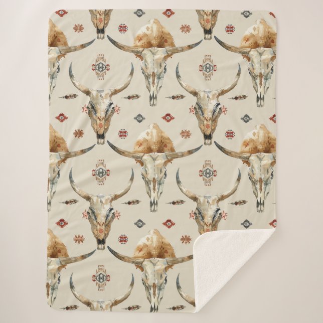 Manta Sherpa Calaveras de plumas nativas tribales de crema marr (Anverso)