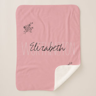 Manta Sherpa Caligrafía floral Girly Nombre rojo rosa
