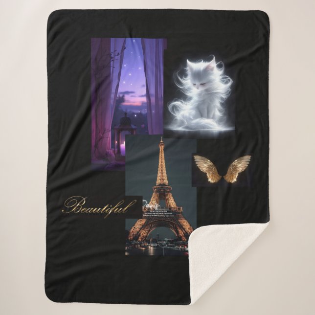 Manta Sherpa Cama ecléctica acogedora - Torre Eiffel, Gato de M (Anverso)