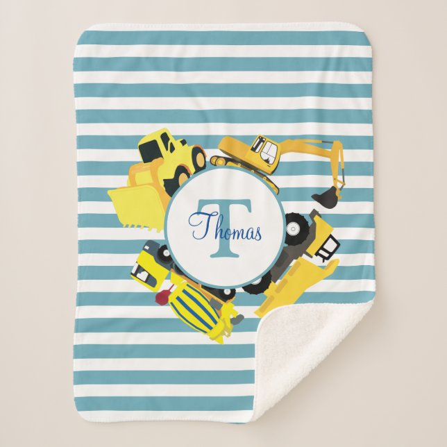 Manta Sherpa Camiones de construcción Bandas azules Monograma (Anverso)