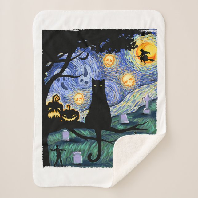 Manta Sherpa Camiseta De Gato, Tee De Gato De Noche Aterrador,  (Anverso)