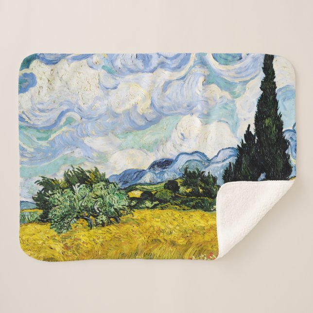 Manta Sherpa Campo de trigo Vincent Van Gogh con cipreses (Anverso (horizontal))