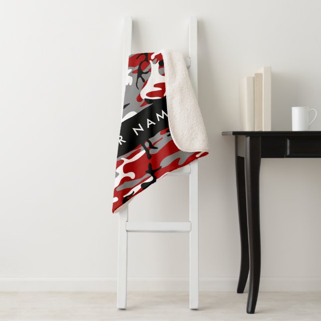Manta Sherpa Camuflaje rojo y gris Tu nombre Personaliza (In situ)