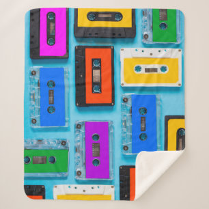 Manta Sherpa Cassette retro: Colección de fondo azul