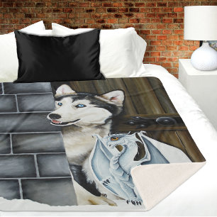 Manta Sherpa Castillo del Dragón con Perro Husky de Fantasía In
