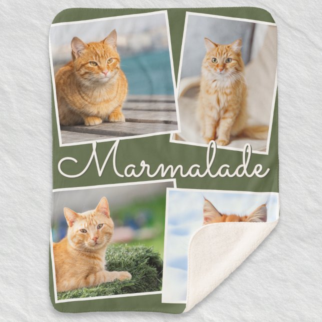 Manta Sherpa Cat Photo Pet Collage Olive Green Personalized (A sherpa blanket personalized with four cat photos and pet's name, on a green background)