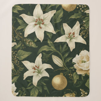 Manta Sherpa Caza Verde Marfil Dorado Flor de Lirio de Navidad