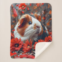 Cerdo guineano entre flores rojas