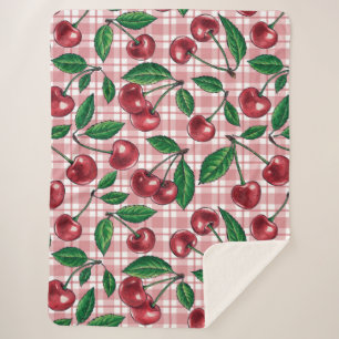 Manta Sherpa Cerezas rojas en gingham rosa