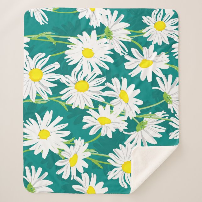 Manta Sherpa Chamomile Turquoise: Ilustracion floral sin foco. (Anverso)
