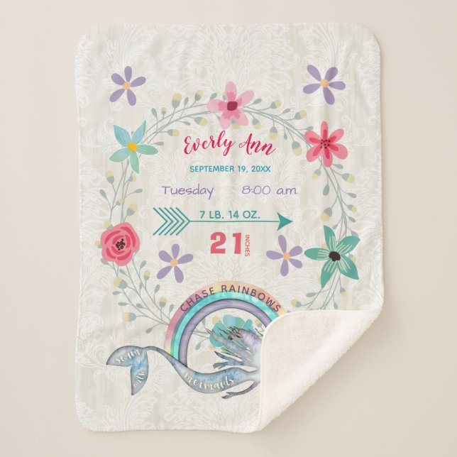 Manta Sherpa Chase Rainbows Baby Girl Stats Watercolor Sirena (Anverso)