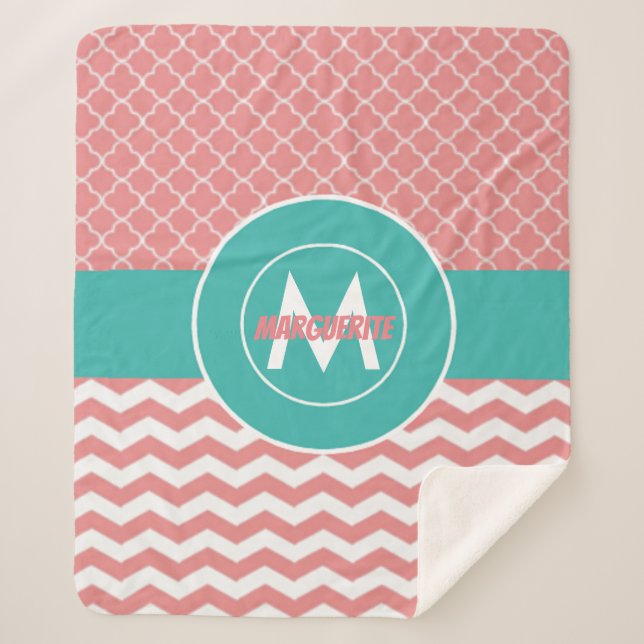 Manta Sherpa Chevron verde azulado coralino Quatrefoil (Anverso)
