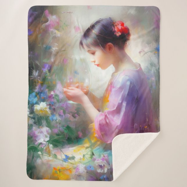 Manta Sherpa Chica admirando una flor en sus manos (Anverso)