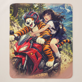 Manta Sherpa Chica de anime en moto con tigre –
