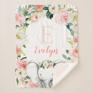 Manta Sherpa Chica de elefante floral dorado rosado