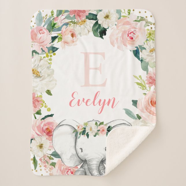 Manta Sherpa Chica de elefante floral dorado rosado (Anverso)