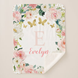 Manta Sherpa Chica de mariposa floral dorada rosada