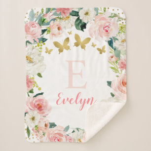 Manta Sherpa Chica de mariposa floral dorada rosada