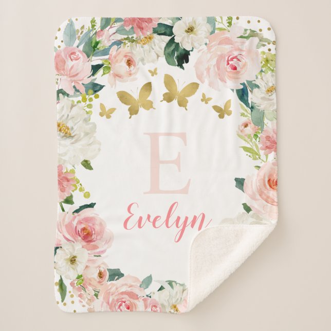 Manta Sherpa Chica de mariposa floral dorada rosada (Anverso)