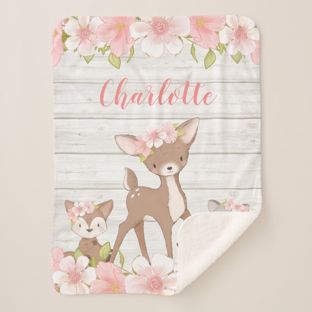 Manta Sherpa Chica personalizado de animales de bosque floral r (Anverso)