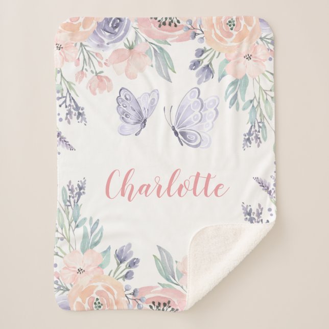 Manta Sherpa Chica personalizado de mariposa floral rosa púrpur (Anverso)