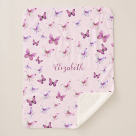 Manta Sherpa Chica rosa y morado de mariposa bonito
