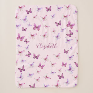 Manta Sherpa Chica rosa y morado de mariposa bonito