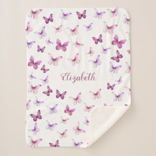 Manta Sherpa Chica rosa y morado de mariposa bonito