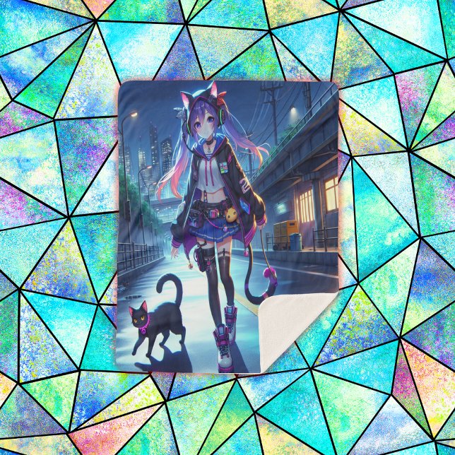 Manta Sherpa Chica y gato de Anime Gamer | Grande (Subido por el creador)