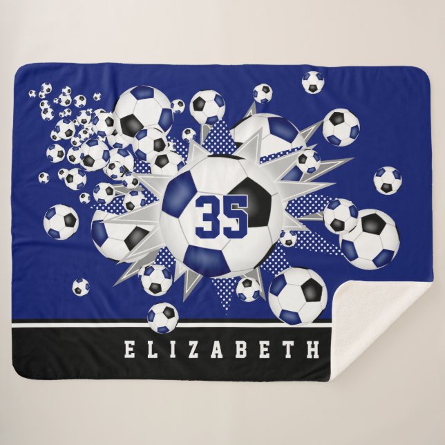 Manta Sherpa chicas balones de fútbol estrellas azul negro (Anverso (horizontal))