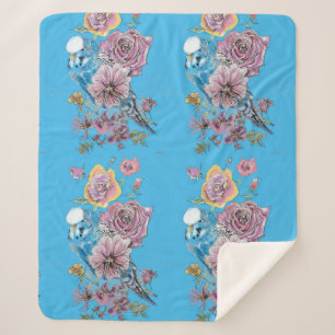 Manta Sherpa Chicas Blue Budgie Cute Whimsical Pink Blue