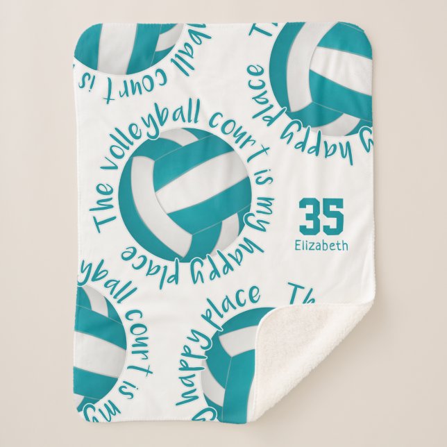 Manta Sherpa chicas cancha de voleibol feliz lugar verde azulad (Anverso)