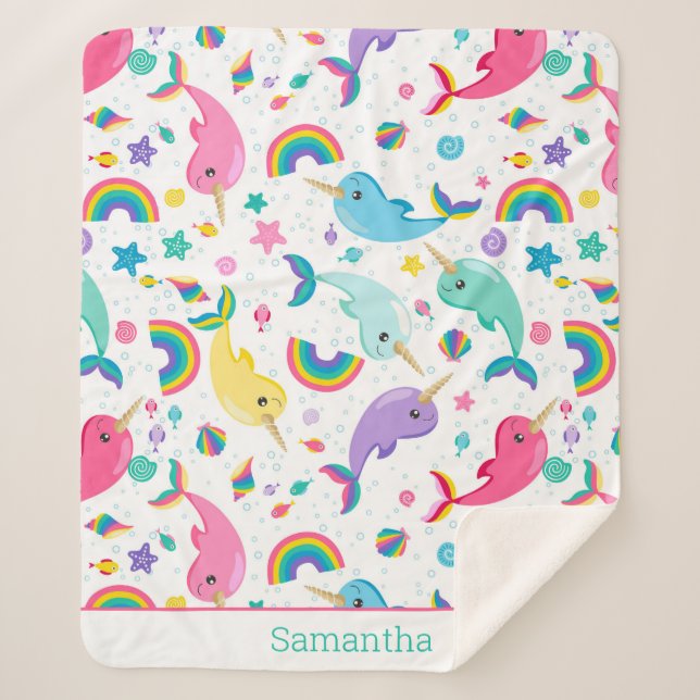 Manta Sherpa Chicas del Narwhal Arcoiris bajo el mar personaliz (Anverso)