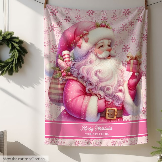 Manta Sherpa Chicas Navidades rosados Nombre personalizado (Girls Pink Santa Christmas Blanket Custom Name)